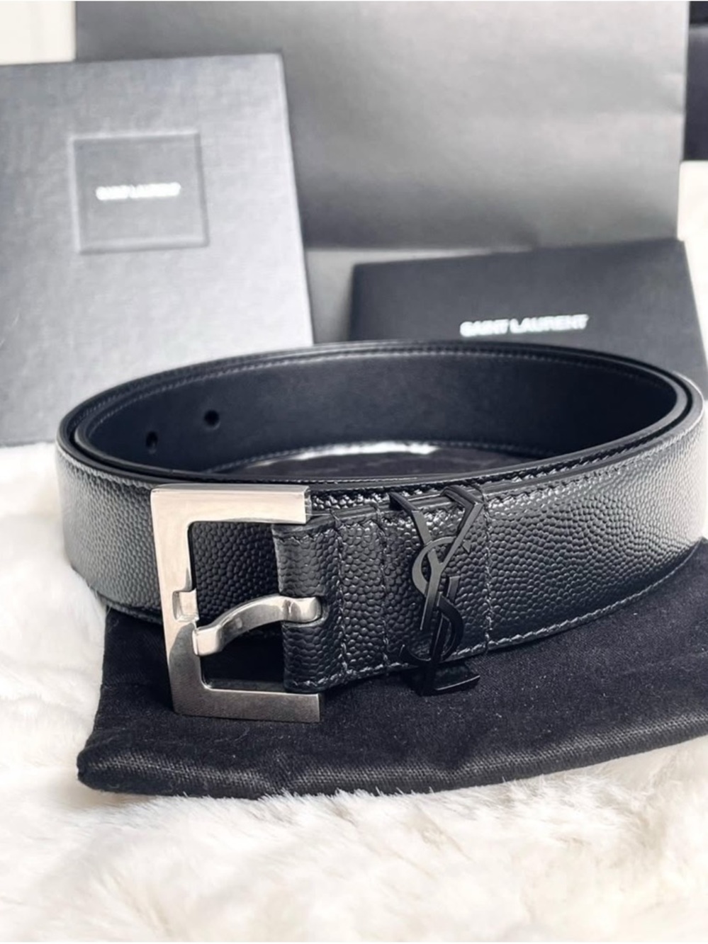 Saint Laurent Black Pebbled Leather Belt with Silver Buckle and Black YSL Logo